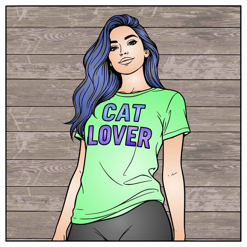 girl with long hair with and body. the shirt says cat lover
