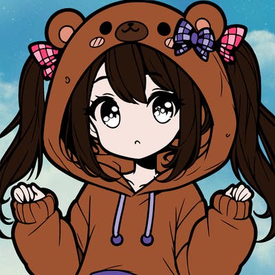 cute anime girl with ponytails and a cute bear hoodie