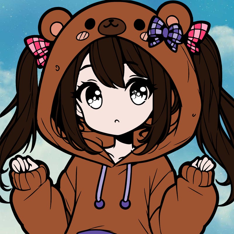 cute anime girl with ponytails and a cute bear hoodie