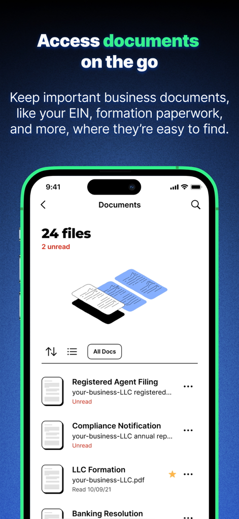 ZenBusiness: LLC & Compliance - ZenBusiness app screen showing a list of business documents for LLC compliance and formation