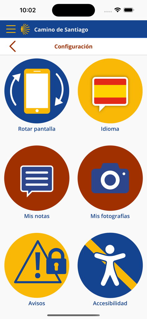 Caminos de Santiago - Schermata delle impostazioni dell'app mobile Caminos de Santiago che mostra le opzioni del menu per lingua, note, foto e accessibilità.