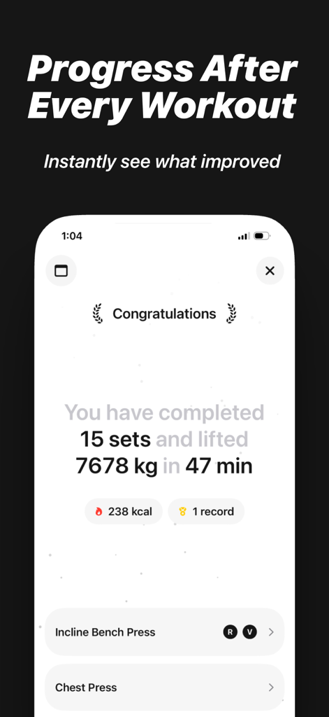 Pantalla de resumen del rastreador de entrenamiento Lift que muestra series, peso total levantado, duración y récords personales con un diseño minimalista.