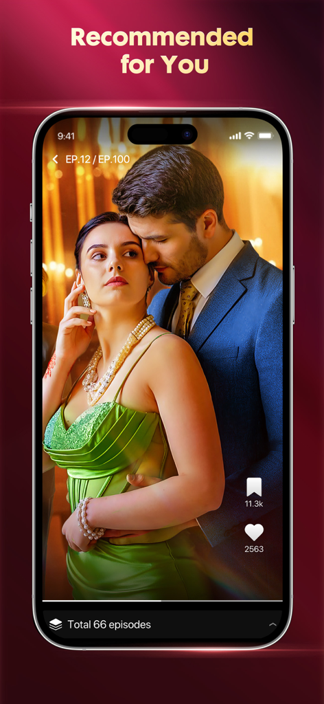 A screenshot of the Playlet app showing a recommended romantic short drama with a couple in formal wear.