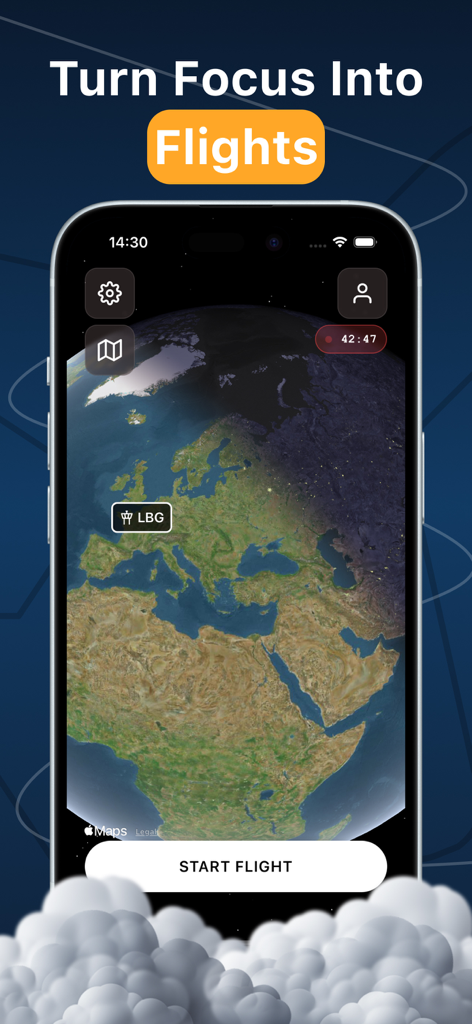 Interfaz de la aplicación Focus Study Timer mostrando un mapa del mundo y el botón de iniciar vuelo