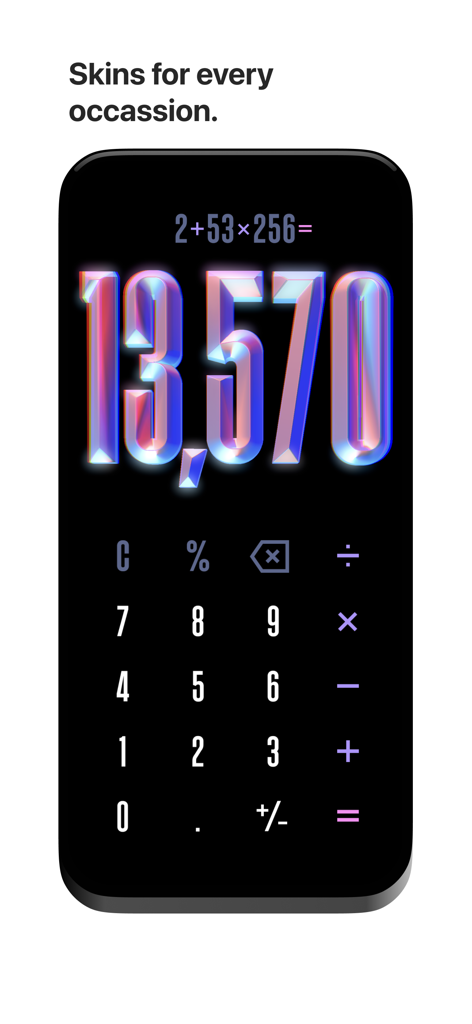(Not Boring) Calculator - Not Boring Calculator app showing a custom skin with large 3D iridescent numbers and minimalist design.