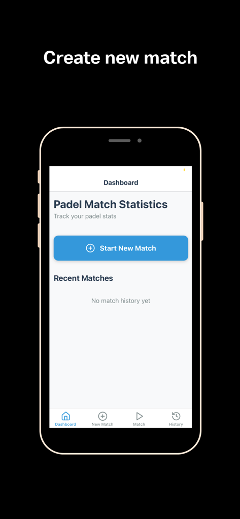 Padel Stats Proダッシュボード画面、新規試合開始ボタン付き