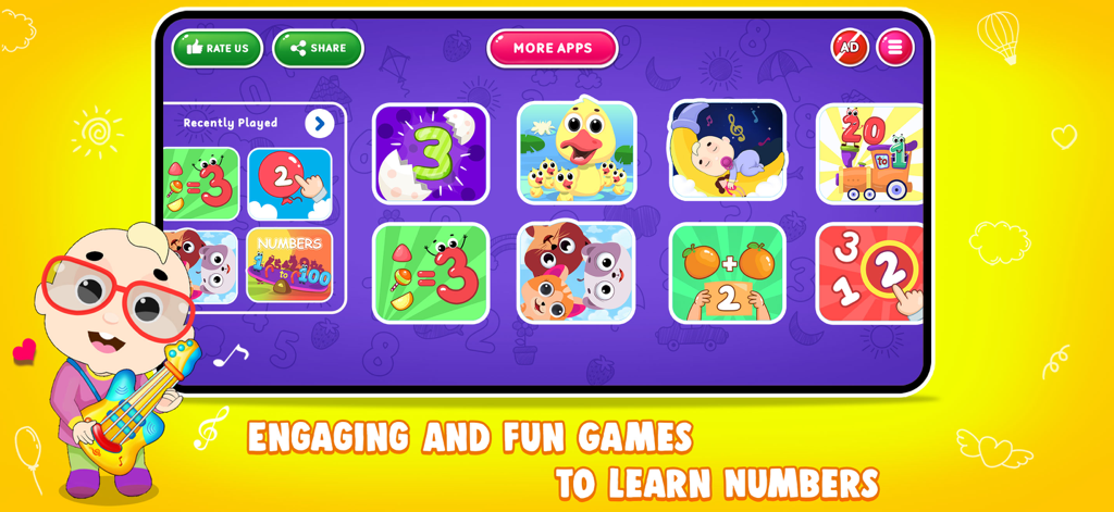 Interface of Kids Number Games app showing various educational math activities and nursery rhymes for children
