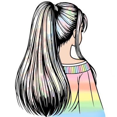 realistic girl with very very long straight hair in a ponytail