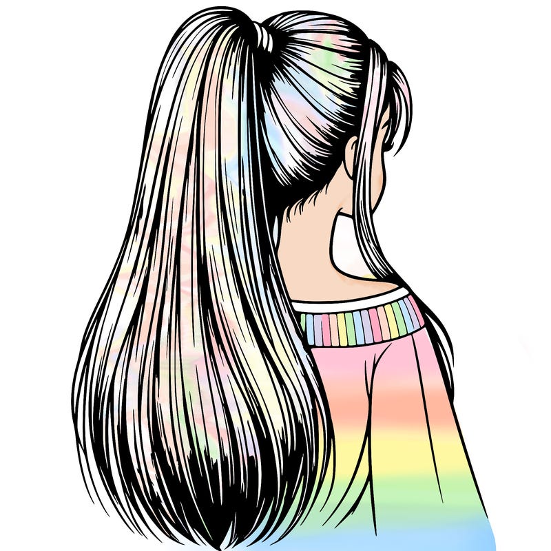 realistic girl with very very long straight hair in a ponytail