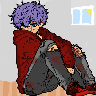 a male hoddie ripped jeans messy hair anime