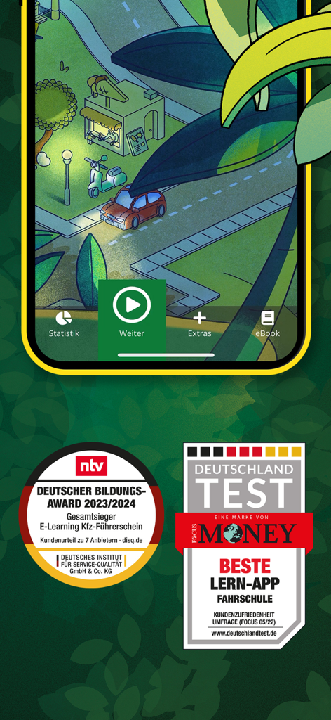 FahrAPP - Interface da aplicação móvel FahrAPP com selos de premiação de melhor aplicação de aprendizagem para escolas de condução