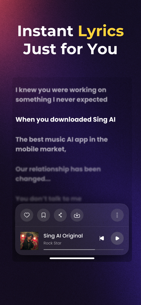 A mobile screen showing instant AI generated lyrics and a music player in the Sing AI app