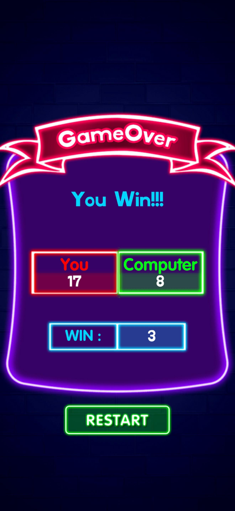 SOS Glow: Offline Multiplayer - Écran de fin de partie du jeu SOS Glow avec un design néon montrant une victoire contre l'ordinateur.