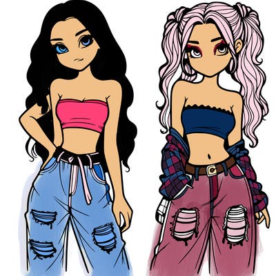 2 girls in crop tops and baggy jeans ripped