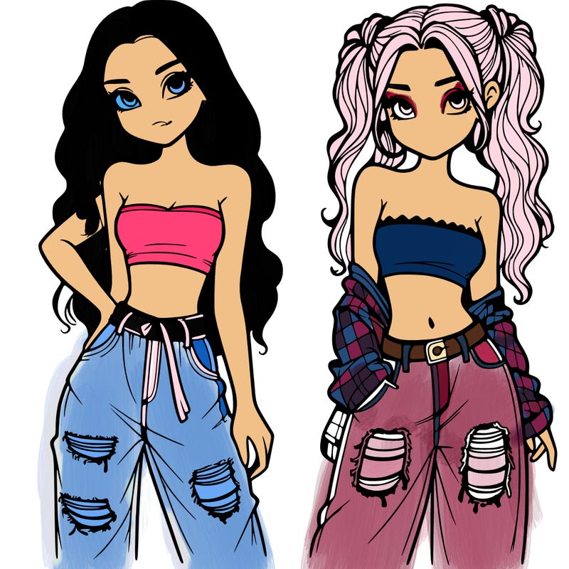 2 girls in crop tops and baggy jeans ripped