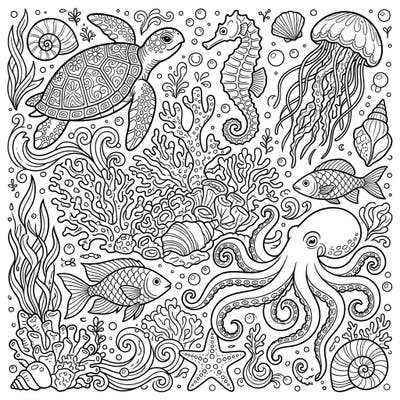 Immerse yourself in the beauty of the ocean with this highly detailed adult coloring page. Discover a vibrant underwater world filled with fascinating marine creatures and intricate coral formations.