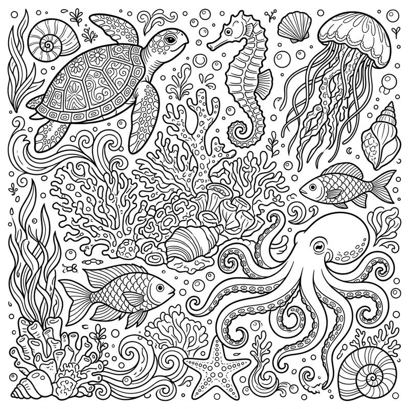 Immerse yourself in the beauty of the ocean with this highly detailed adult coloring page. Discover a vibrant underwater world filled with fascinating marine creatures and intricate coral formations.
