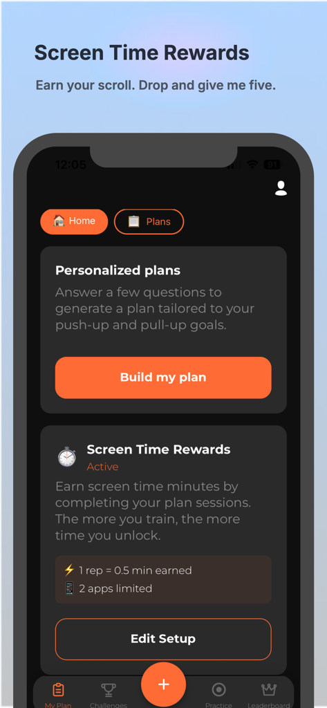 Interface de aplicativo móvel mostrando o recurso Screen Time Rewards, onde os usuários ganham tempo de tela ao completar repetições de flexão.