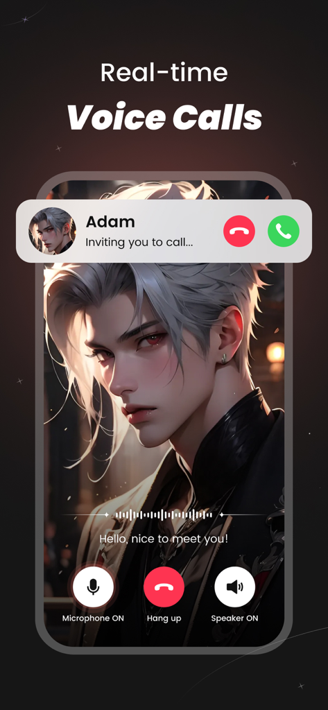 Interface of SynClub app showing a real-time voice call with an anime-style AI character