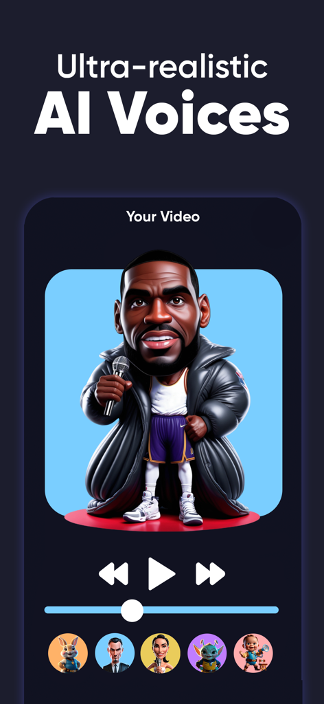 AI Voice - Voice Changer - Mobile app interface featuring ultra realistic AI celebrity voices and video playback controls