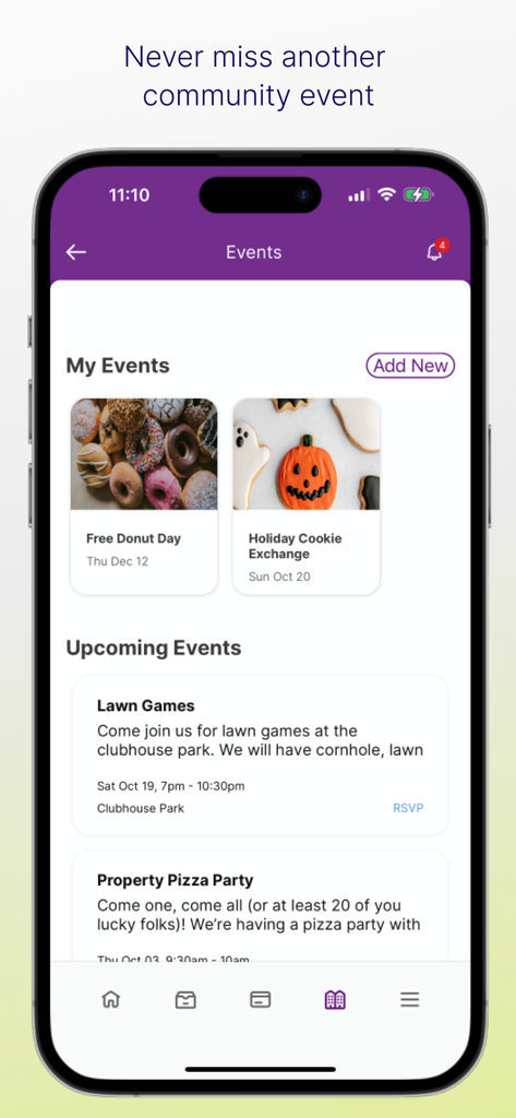 Schermata degli eventi della comunità dell'app Portale Residenti Mobile che mostra le attività sociali in arrivo