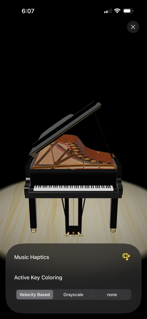 PianoVisualizer - A 3D grand piano visualization with settings for music haptics and active key coloring in the PianoVisualizer app.