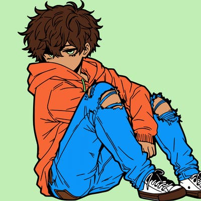 a male hoddie ripped jeans messy hair anime
