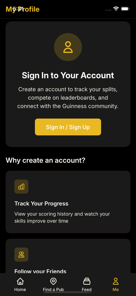 SplitTheG app profile screen showing sign in options and account benefits