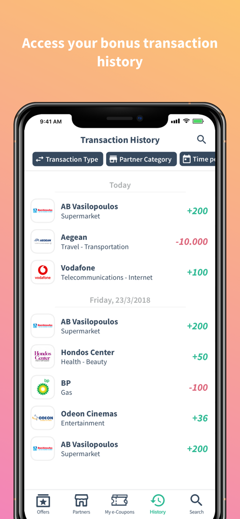 Mobile app screen showing a list of earned and redeemed bonus points transactions.
