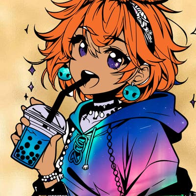 hot baddie anime girl drinking boba and biting the straw