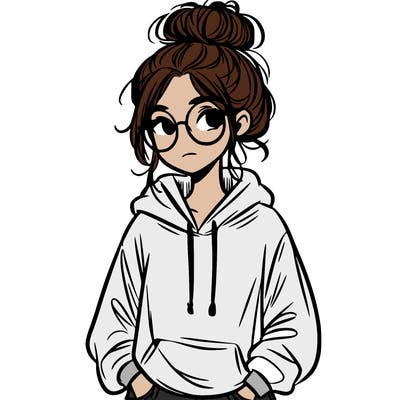 teen girl with a messy bun and glasses wearing a loose hoodie and jeans