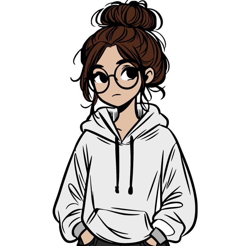 teen girl with a messy bun and glasses wearing a loose hoodie and jeans
