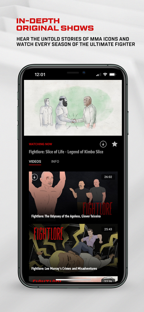 UFC app interface showing original Fightlore series and MMA fighter stories