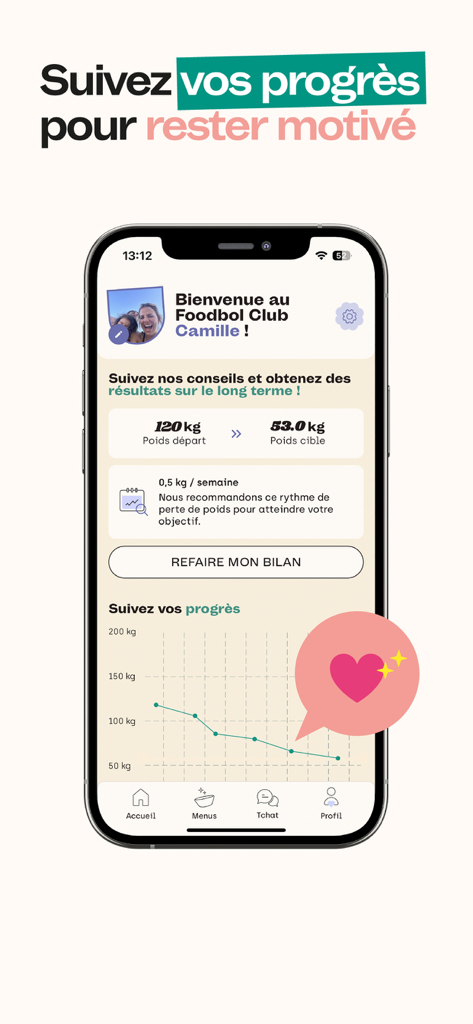 Maju app interface showing weight loss progress graph and target weight goals