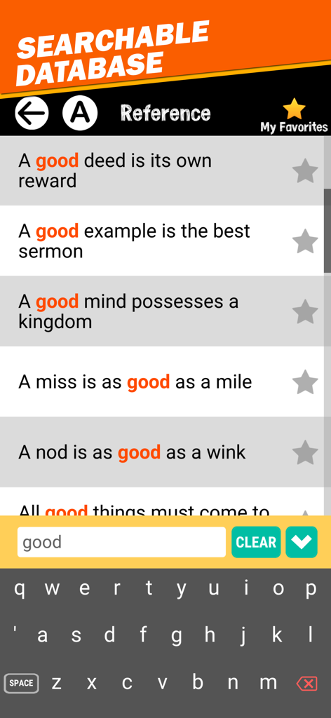 Screenshot of the searchable database in the Proverbs and Phrases Collection app showing a list of idioms containing the word good