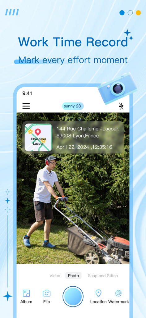 App interface showing a professional photo with a location and time watermark for work verification