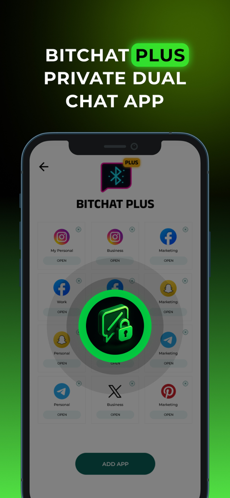 Bitchat PLUS - Bitchat PLUS app interface showing multiple cloned social media accounts for Instagram Facebook and Telegram