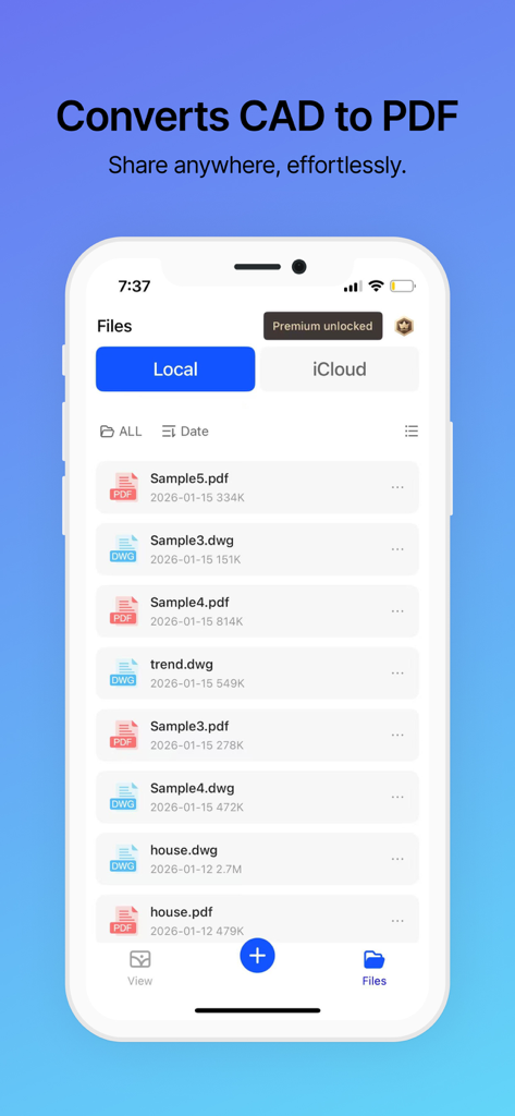 Pantalla de smartphone mostrando la aplicación CAD FastView King con una lista de archivos DWG y PDF y un encabezado de conversión de CAD a PDF