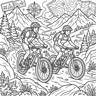 Gear up for an exciting coloring adventure featuring two mountain bikers conquering rugged trails. This dynamic scene perfectly captures the spirit of an adventurous vacation in the great outdoors.