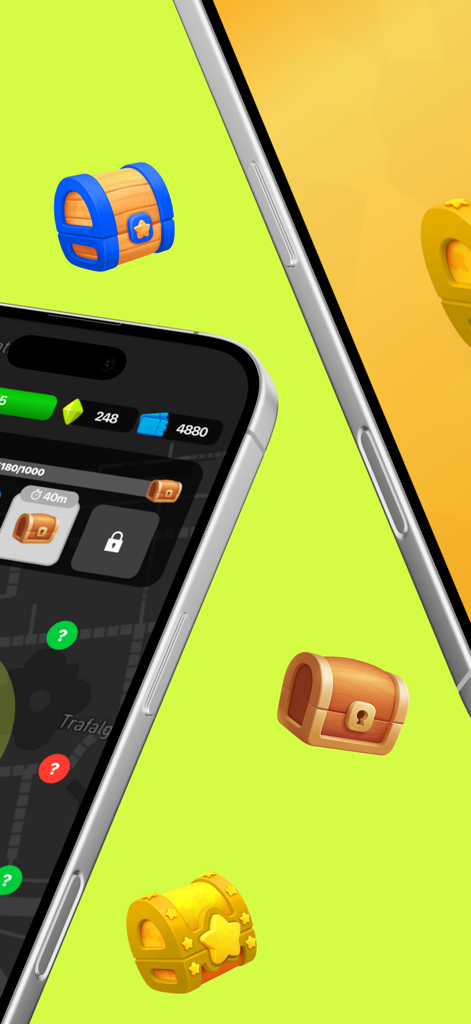 LootGO - Interfaz de la aplicación LootGO con cofres del tesoro flotantes en 3D y un mapa para recompensas al caminar gamificadas.