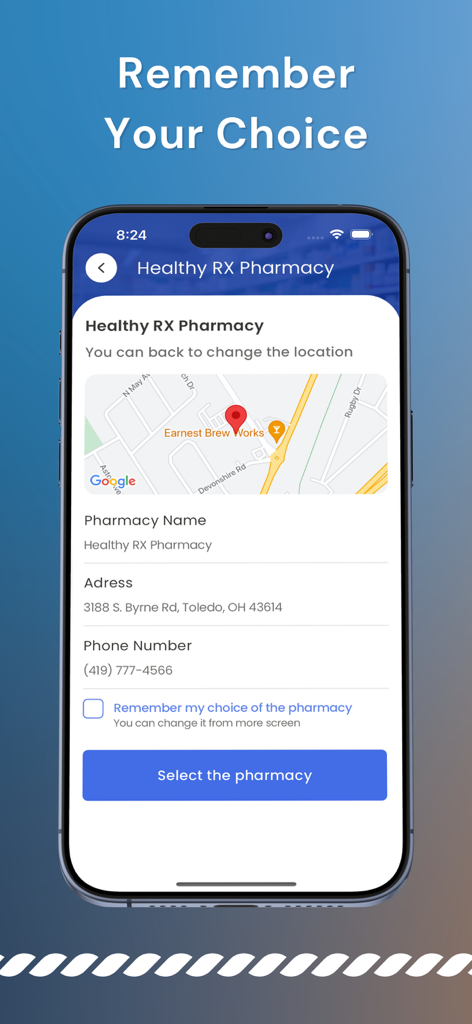 Quick Rx - Quick Rx app screen displaying local pharmacy details including a map address and selection button