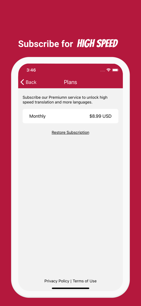 Manga Translator app premium subscription plans screen showing monthly pricing for high speed translation