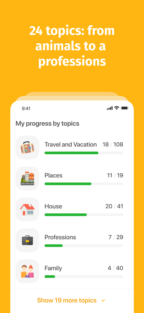 Ein Bildschirm einer mobilen App, der den Fortschritt des Benutzers in verschiedenen Arabisch-Lernbereichen wie Reisen, Orte und Berufe mit Fortschrittsbalken zeigt.