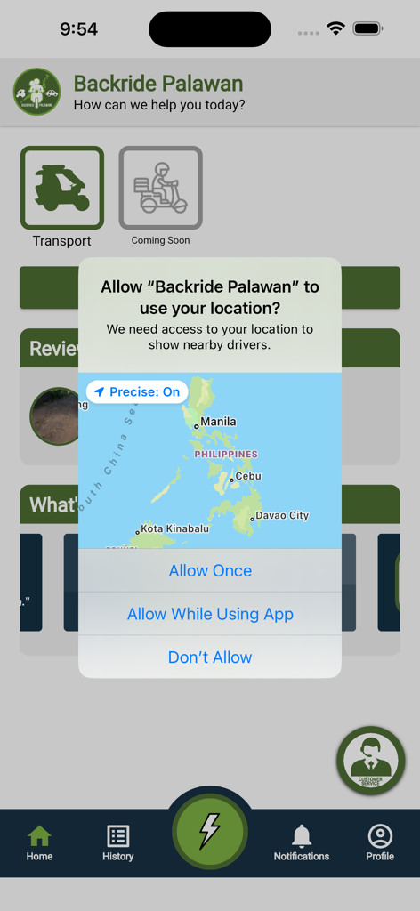 Captura de pantalla de la aplicación Backride Pinas solicitando permiso de ubicación en un smartphone, mostrando un mapa de Filipinas.