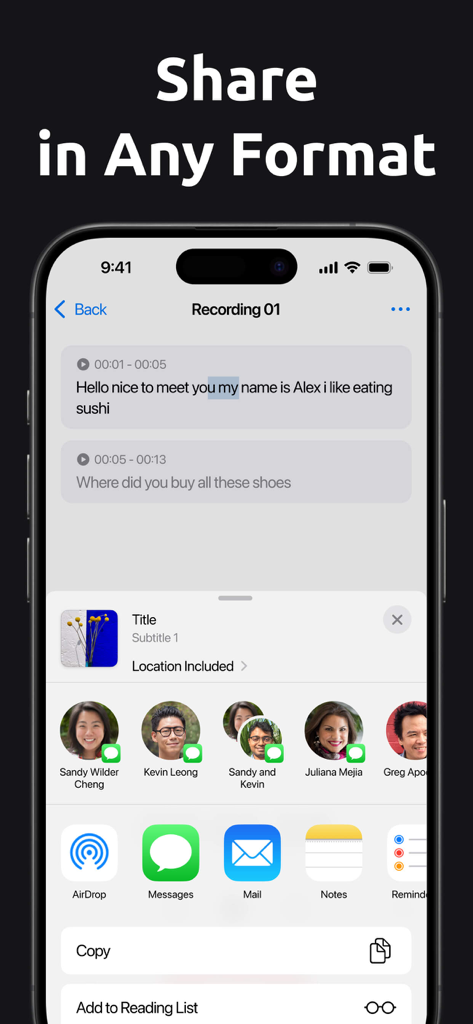 Voice Memos - Voice Recorderㅤ - Una pantalla de smartphone que muestra el menú Compartir con opciones para exportar grabaciones de voz y transcripciones a través de Mensajes, Mail y AirDrop.