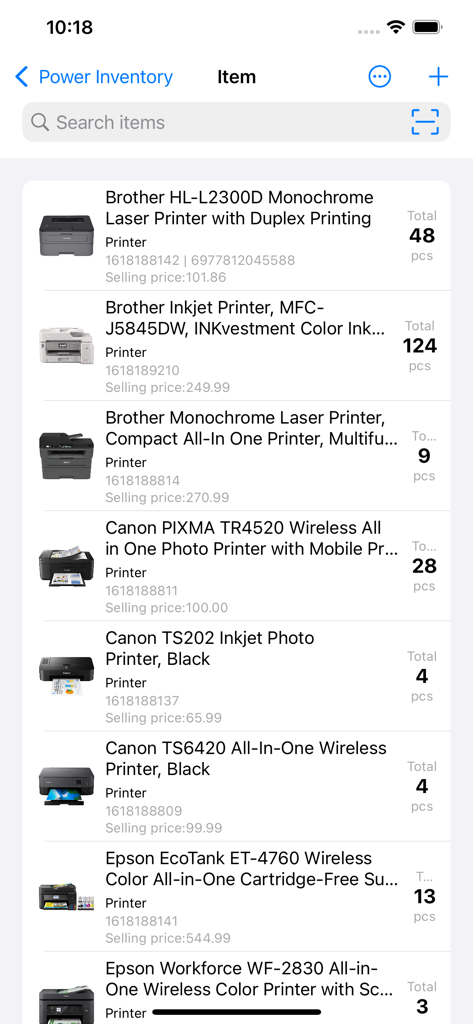 Power Inventory - Cloud WMS - Inventory management screen showing a list of printers with stock totals and prices