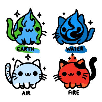 4 cats that represent the different elements, earth, water, air, and fire