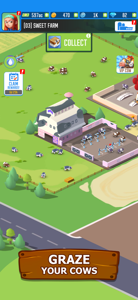 Milk Farm Tycoon - Gameplay screenshot of Milk Farm Tycoon showing cows grazing in a field