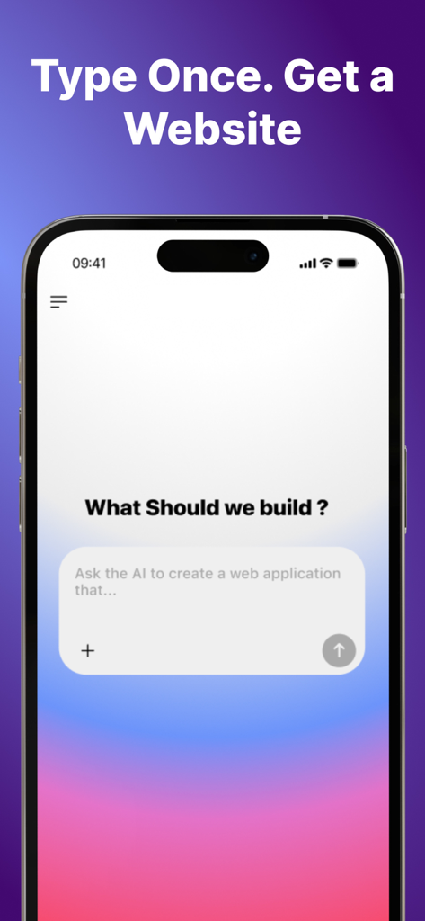 Una interfaz de aplicación móvil que muestra un prompt de texto para crear un sitio web con IA