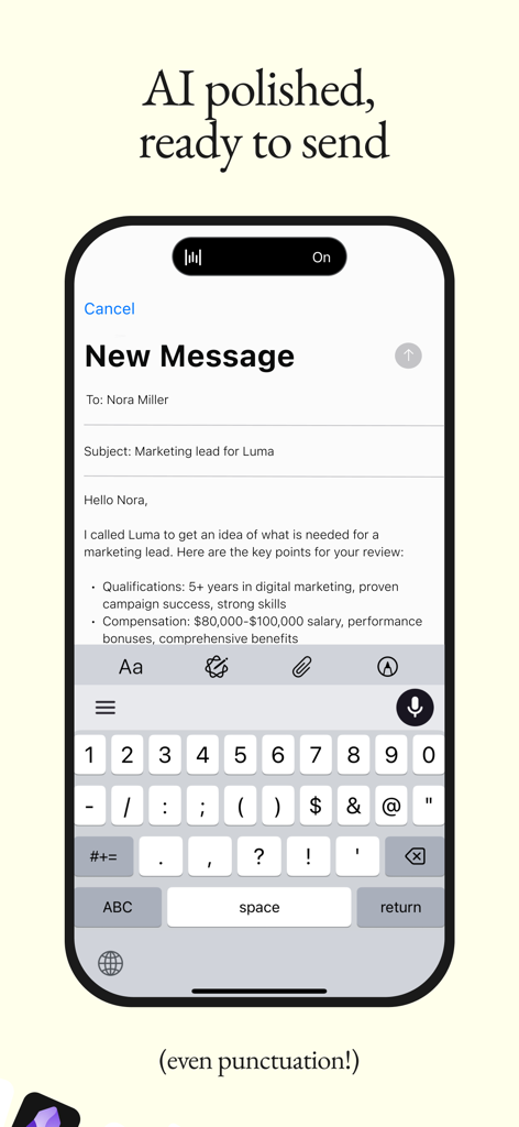 Wispr Flow: AI Voice Keyboard - Interface do teclado de voz com IA Wispr Flow mostrando um e-mail formatado profissionalmente composto usando voz para texto.